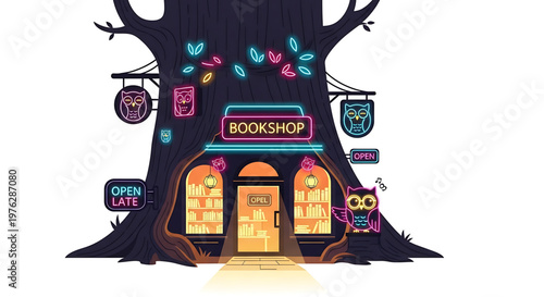 A whimsical vector illustration of a tree with a bookshop carved into its trunk, surrounded by colorful neon signs and decorations.