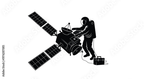 Astronaut repairs a satellite in space a striking black silhouette