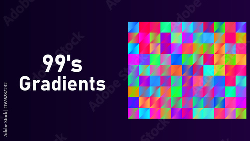 Vibrant 99's gradients collection, colorful geometric square pattern vector set, neon mosaic background for digital design and web UI