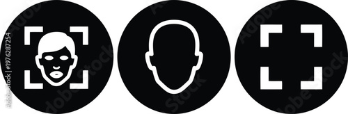 Facial Recognition Icon Set – Biometric Identification, Face Scan, Security Technology Symbols, Black Circle Design
