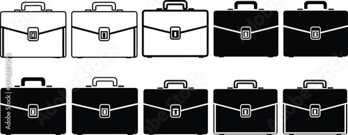 Professional briefcase icons collection featuring different outline and solid black business styles.