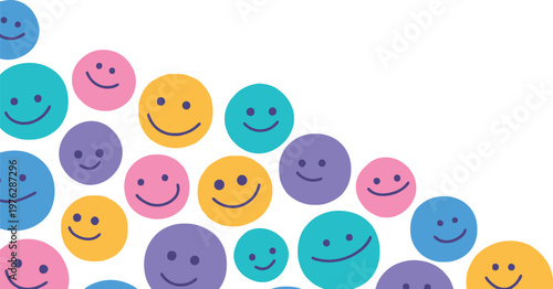 A colorful collection of smiley faces on a white background