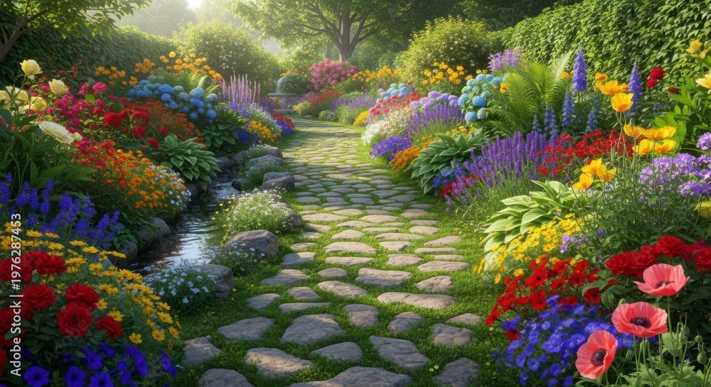 Fototapeta premium A serene garden pathway lined with vibrant flowers and lush greenery on a sunny day