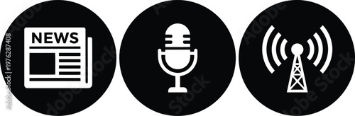 Black and White Media Icons Set Featuring Newspaper, Microphone, and Radio Tower Symbols
