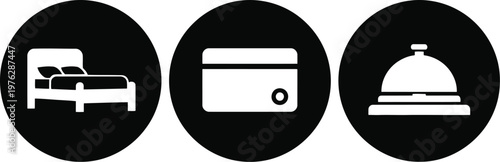 Hotel Service Icons Set – Bed, Credit Card, Bell, Black Circle Silhouette Symbols for Hospitality