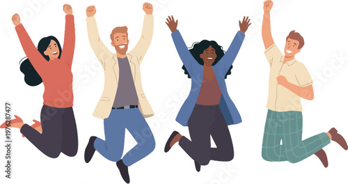 A diverse group of people jumping in the air with their arms raised in celebration and joy