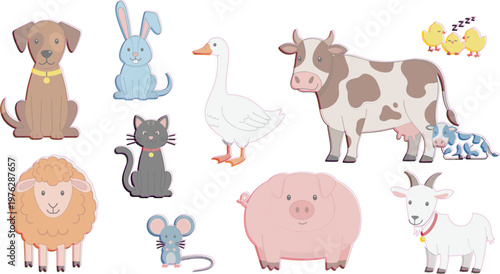 Cute farm animals cartoon vector set featuring cow pig sheep goat dog cat duck rabbit chick and mouse in flat style illustration collection