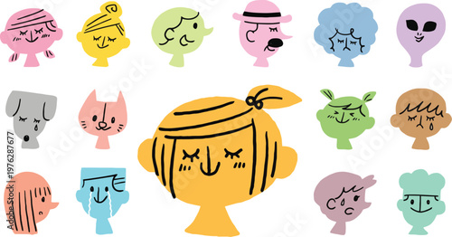 A colorful illustration of various cartoon faces with different emotions and expressions