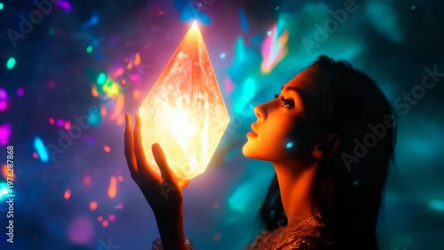 Dreamer holds a glowing crystal that emits vibrant lights in a mystical atmosphere