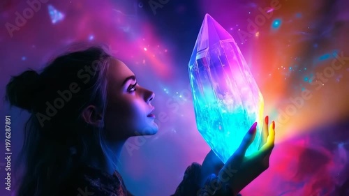 Dreamer holds a glowing crystal that emits vibrant lights in a mystical atmosphere