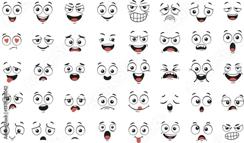 A collection of various cartoon faces with different emotions on a white background