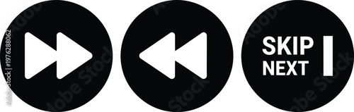 Black Circular Media Control Icons Set with Skip, Forward, and Backward Buttons for User Interface Design