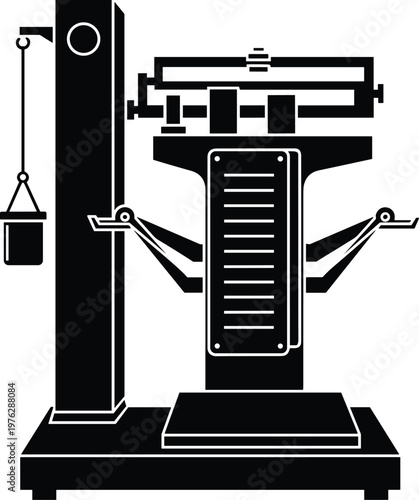 Vintage balance scale silhouette with weight measurement device, industrial weighing machine vector illustration, classic mechanical equipment isolated on white background
