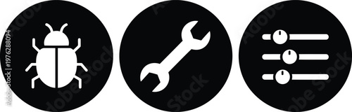 Black and White Vector Icons Set for Bug Fixing, Tools, and Settings in Circular Design