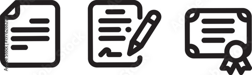Legal icon set with document, signature, and pen in outline style for certificate and agreement