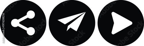 Black Circular Social Media Share, Send, and Play Button Icons Isolated on White Background