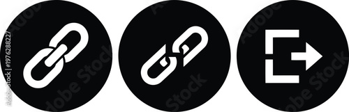 Vector Black Circle Icons Set: Link, Broken Link, and Logout Arrow Symbols for Web and App UI
