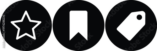 Black Circle Icon Set with Star, Bookmark, and Tag Symbols for Web and App UI Design