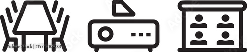 Meeting table, projector, and video conference screen line icons set for business presentation