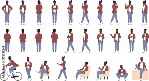 A diverse set of illustrations depicting a person in various poses and activities