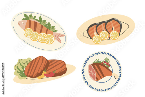 Grilled meat and fish steaks and ham on plates set. Vector illustration in cartoon flat style. Fish and meat dishes isolated.