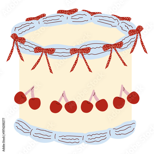 Retro style cake with cherries and bows, elegant and richly decorated. Cute coquette cartoon flat design with soft details, isolated on white background.
