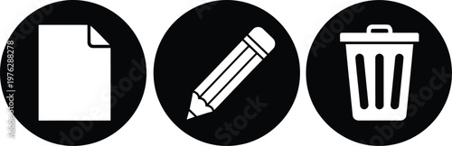 Black and White Document Edit Delete Icon Set for Web and App User Interface Design