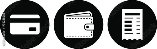 Black and White Finance Icons Set Featuring Credit Card, Wallet, and Receipt Symbols for Payment Apps