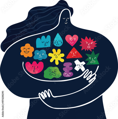A woman embracing her emotions with colorful symbols representing her feelings.