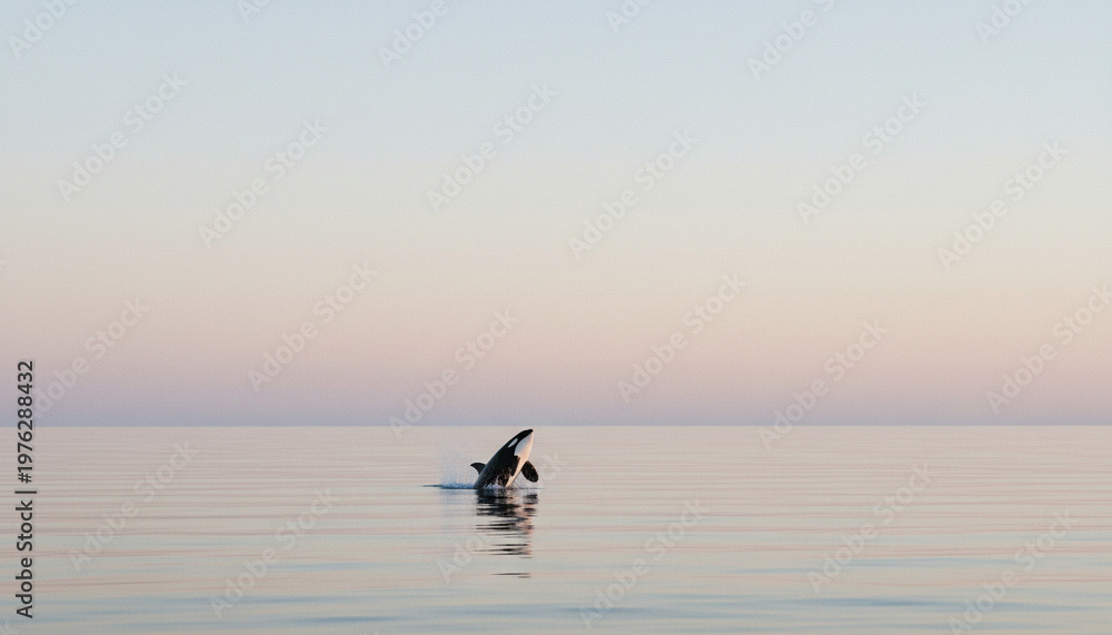 Fototapeta premium Single orca breaching in calm ocean, minimalist composition, vast negative space, soft pastel sky background