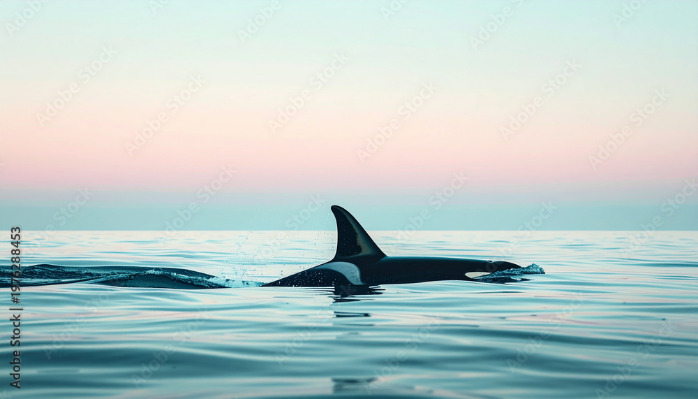 Naklejka premium Single orca breaching in calm ocean, minimalist composition, vast negative space, soft pastel sky background