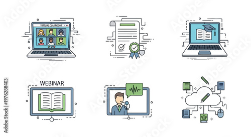 Collection of modern online education icons.