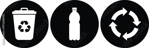 Black and White Recycling Icons Set with Trash Bin, Plastic Bottle, and Circular Arrows Symbols