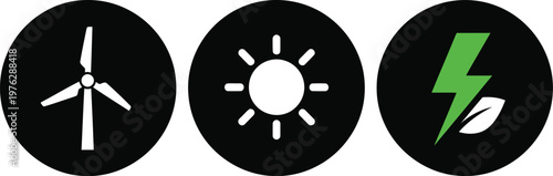 Renewable Energy Icons Set – Wind Turbine, Solar Power, Green Electricity Symbol on Black Circles