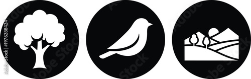 Nature and Wildlife Icon Set – Tree, Bird, Landscape Silhouettes in Black Circular Design