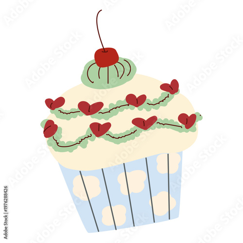 Coquettish cherry cupcake in retro style, creamy frosting, decorative topping hearts. Small baked muffin in paper wrapper, vector illustration, isolated on white.