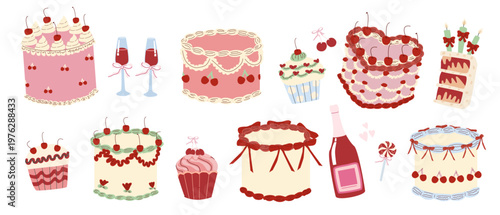 Retro cakes and desserts with cherry sticker set. Coquette cherry vintage cakes, cupcakes collection with wine glass, bottle with candy and bows. Cartoon flat illustration isolated on white.