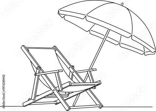 A classic beach lounge chair with a large protective umbrella providing shade. Vector