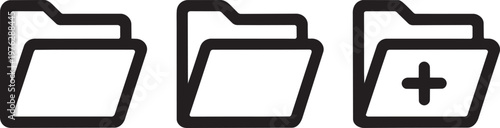 Three folder icons with one showing a plus symbol in outline style for new and document icon
