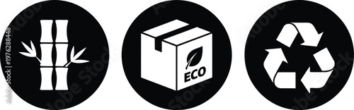 Eco Friendly Packaging Icons Set with Bamboo, Recyclable, and Sustainable Symbols in Black Circles