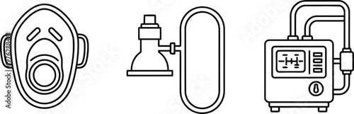 Vector of Respiratory support equipment critical care devices oxygen mask regulator and ventilator machine outline illustration