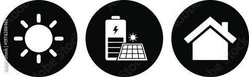Solar Energy Icons Set – Sun, Solar Panel Battery, and House in Black Circle Vector Illustrations