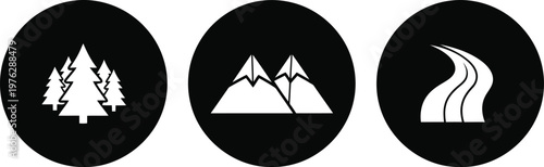 Minimalist Black and White Nature Icons Set Featuring Forest, Mountain, and Road Symbols