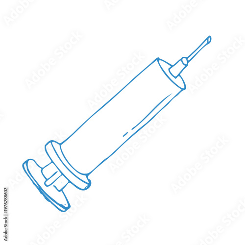 Hand drawn line art of a medical syringe. Simple doodle style vaccine and pharmaceutical symbol. Outline doodle vector illustration isolated on white background.