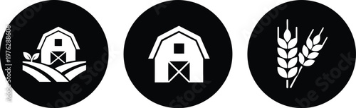Black and White Farm Barn and Wheat Icons Set for Agriculture and Organic Food Labels
