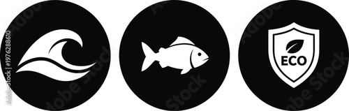 Eco-friendly ocean icons set with wave, fish, and eco badge in black circular design vector