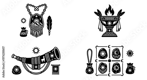 Andean heritage emblems and ceremonial landmark icon set
