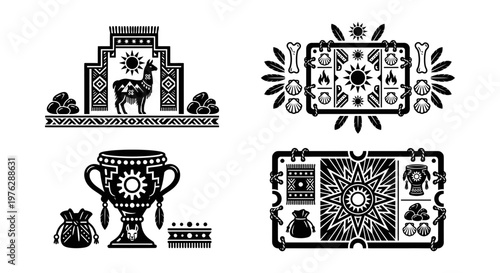 Andean temple horn and sacred icon silhouette set