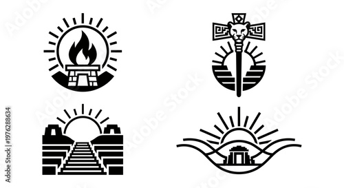 Andean sacred fire and temple symbol vector set