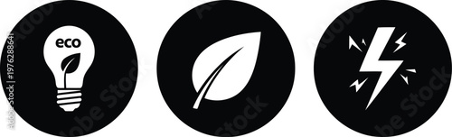 Eco Energy Icon Set – Black Circular Symbols for Sustainability, Green Power, and Renewable Resources